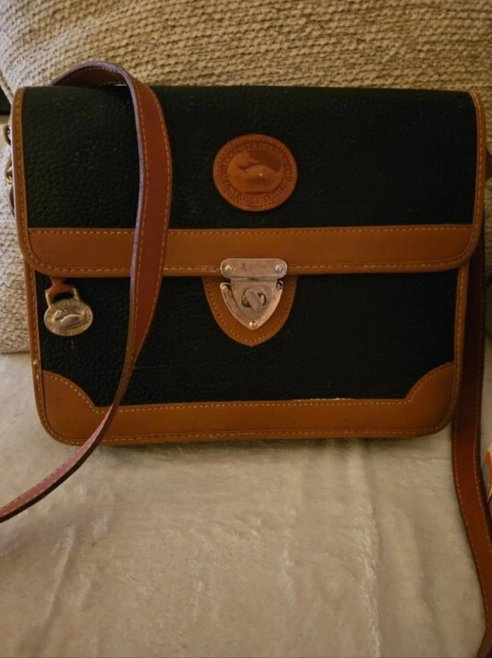 2Pc. Dooney & Bourke Black Tan Trim Pebble Leather Duck Crossbody and Wallet Set